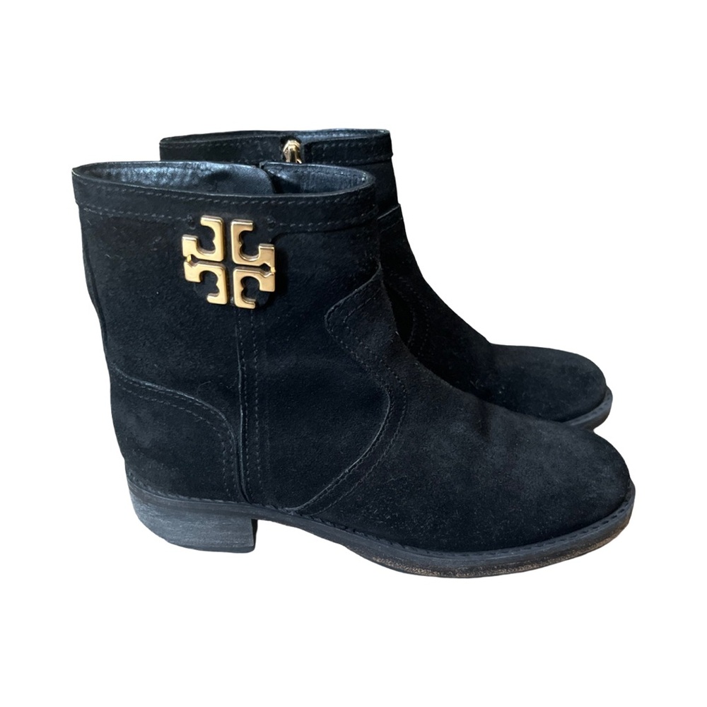 Tory Burch Women Eloise T Logo Black Suede Zip Ankle Boots size 5